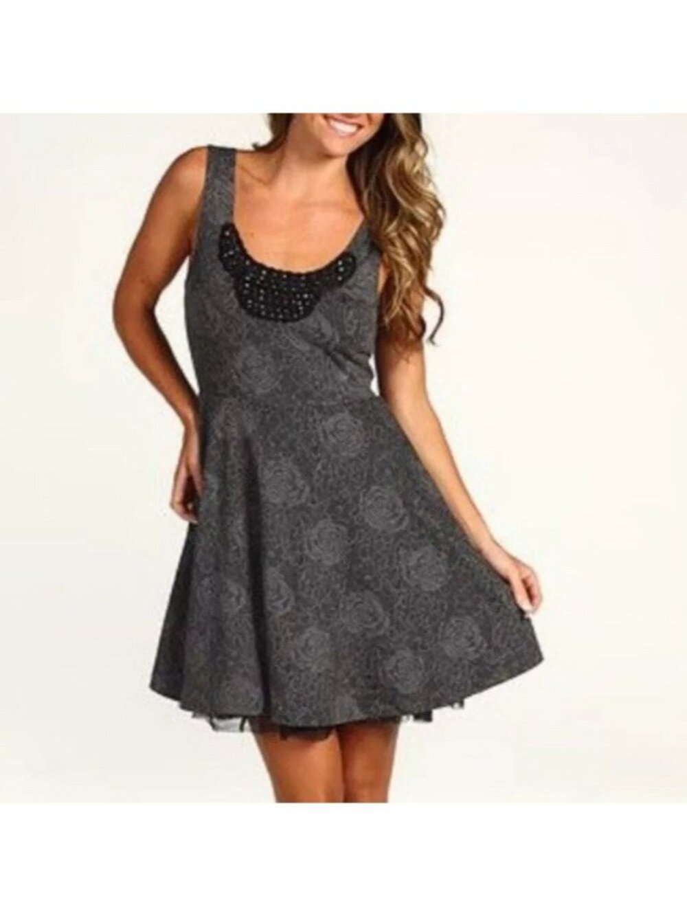 Free People Women's Fit Flare Dress Sz M Black Grey Rock Princess Rose Tulle